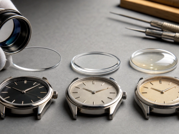 Three watch crystals showing sapphire clarity, shaped mineral glass and domed Hesalite profiles