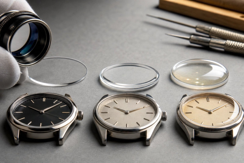 Three watch crystals showing sapphire clarity, shaped mineral glass and domed Hesalite profiles