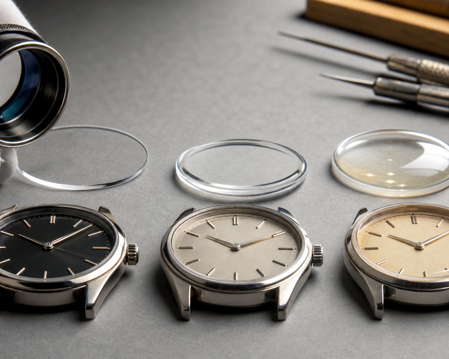 Three watch crystals showing sapphire clarity, shaped mineral glass and domed Hesalite profiles