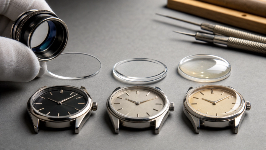 Three watch crystals showing sapphire clarity, shaped mineral glass and domed Hesalite profiles