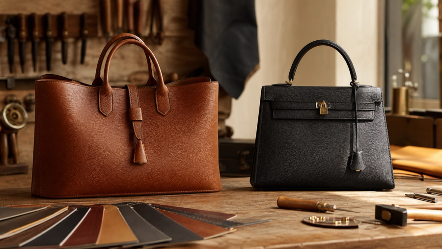Two distinct unbranded structured leather handbags on an artisan worktable