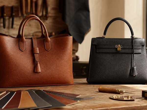 Two distinct unbranded structured leather handbags on an artisan worktable