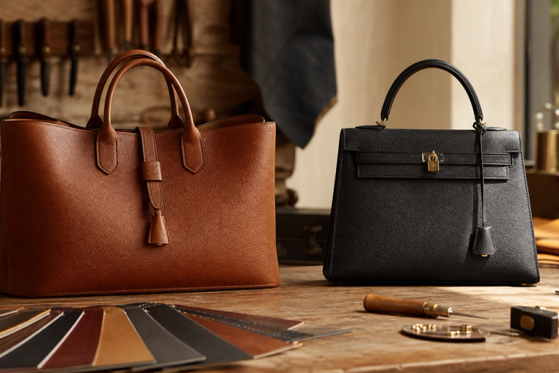 Two distinct unbranded structured leather handbags on an artisan worktable