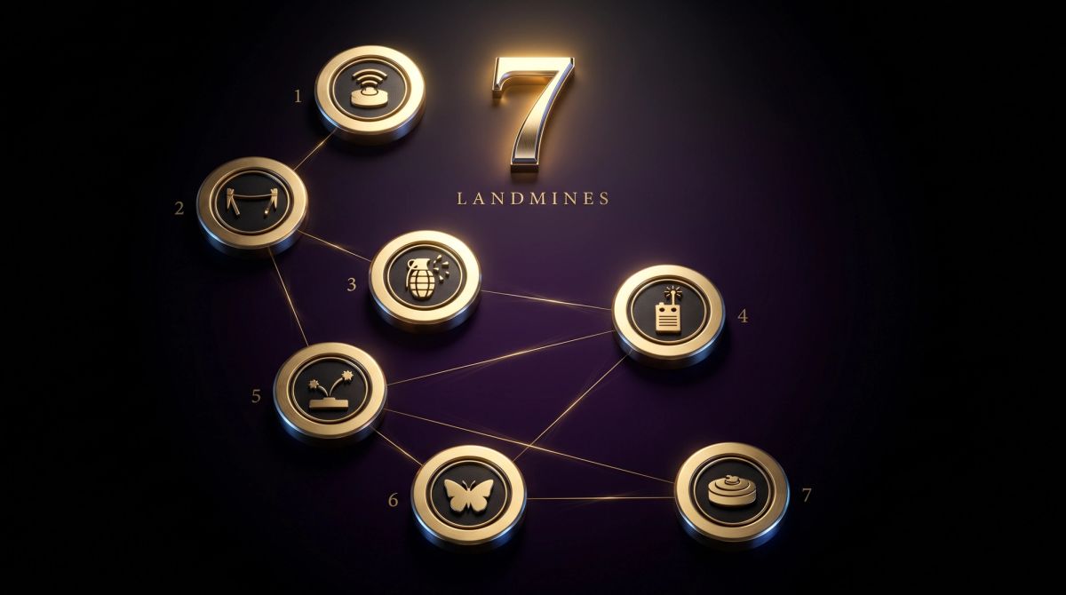 7 Landmines for Luxury Websites — a constellation diagram of 7 risk nodes interconnected on a dark luxury background