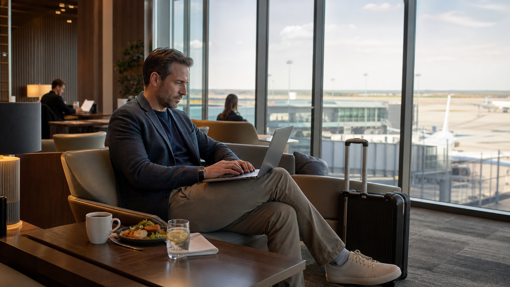 Quiet airport lounge work zone for a business traveller