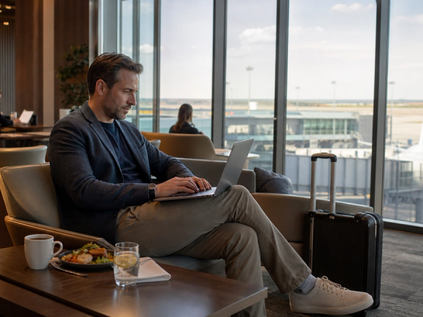 Quiet airport lounge work zone for a business traveller