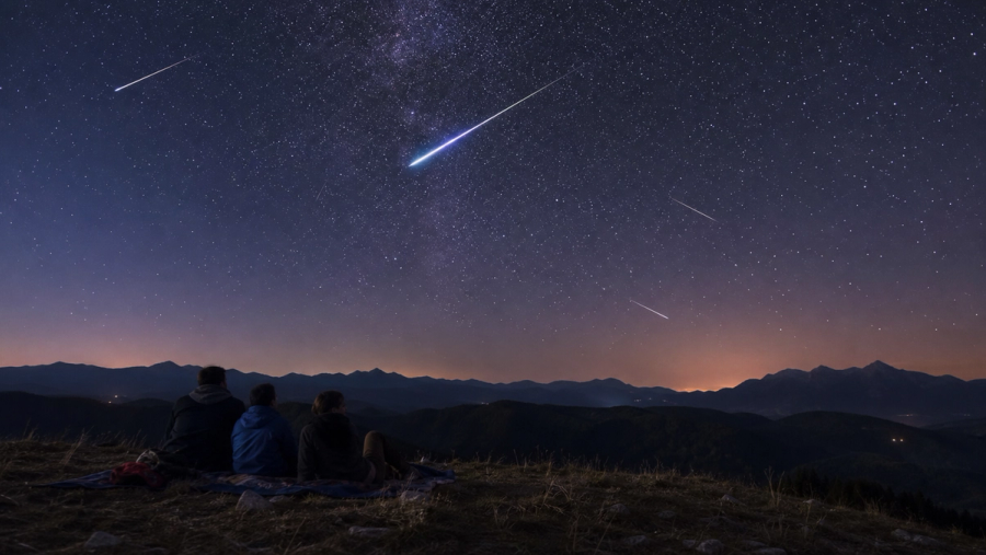 Travellers watching a bright Perseid meteor streak across a clear dark sky above a quiet countryside viewpoint