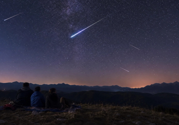 Travellers watching a bright Perseid meteor streak across a clear dark sky above a quiet countryside viewpoint