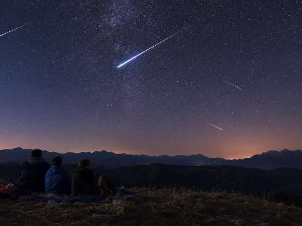 Travellers watching a bright Perseid meteor streak across a clear dark sky above a quiet countryside viewpoint