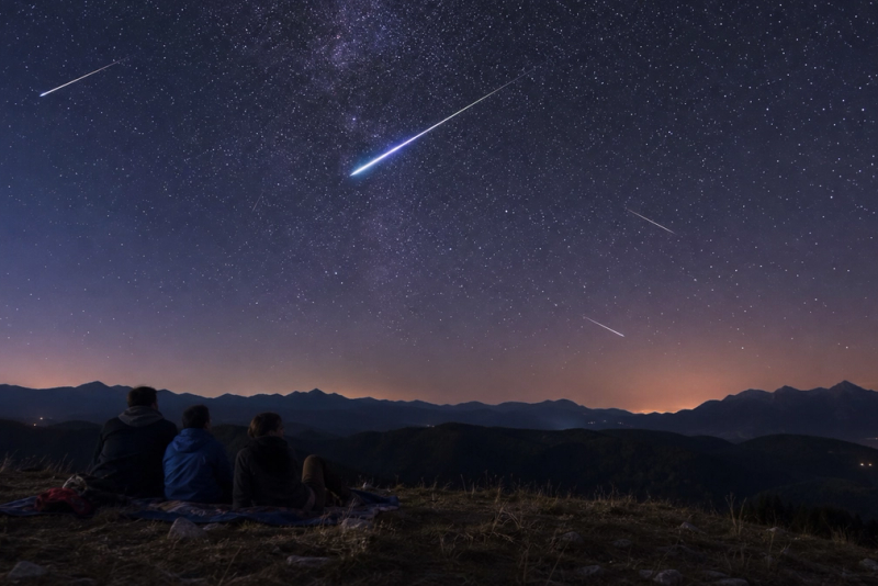 Travellers watching a bright Perseid meteor streak across a clear dark sky above a quiet countryside viewpoint
