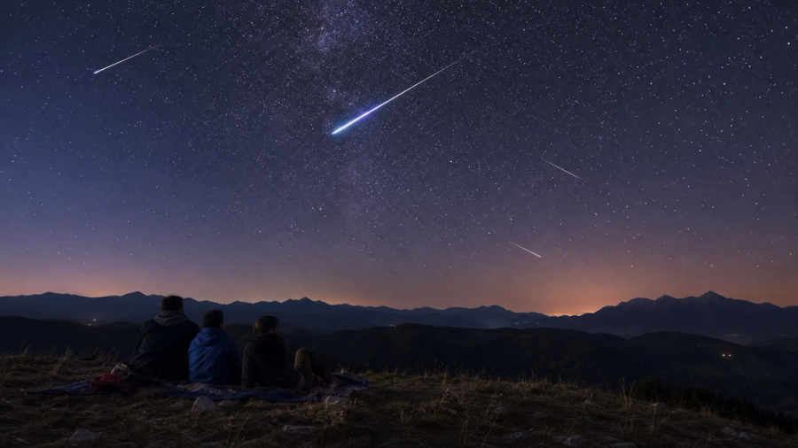 Travellers watching a bright Perseid meteor streak across a clear dark sky above a quiet countryside viewpoint