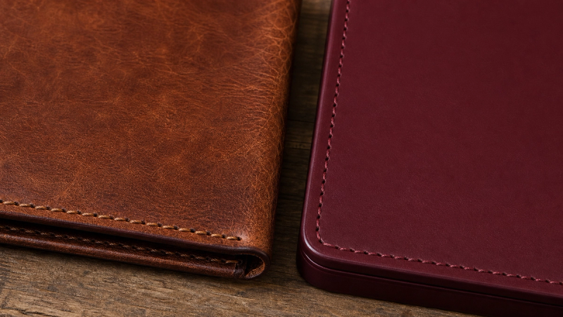 Full-grain and corrected top-grain leather compared for texture and patina
