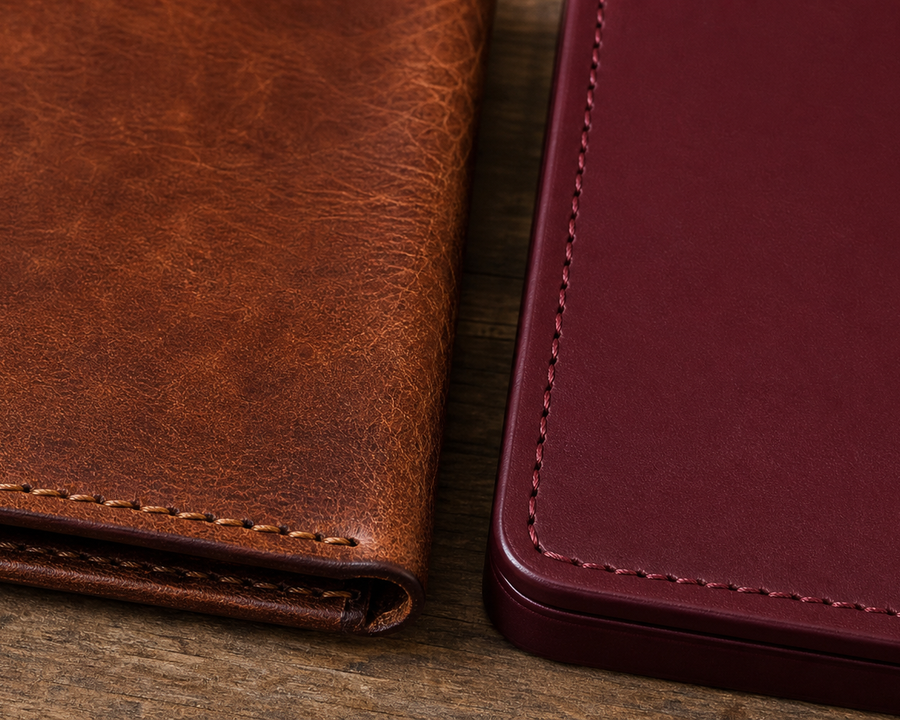 Full-grain and corrected top-grain leather compared for texture and patina