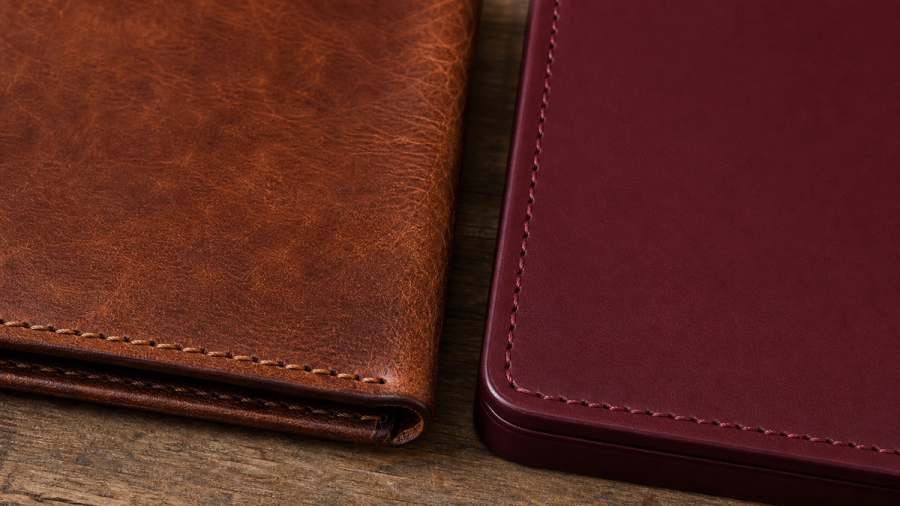 Full-grain and corrected top-grain leather compared for texture and patina