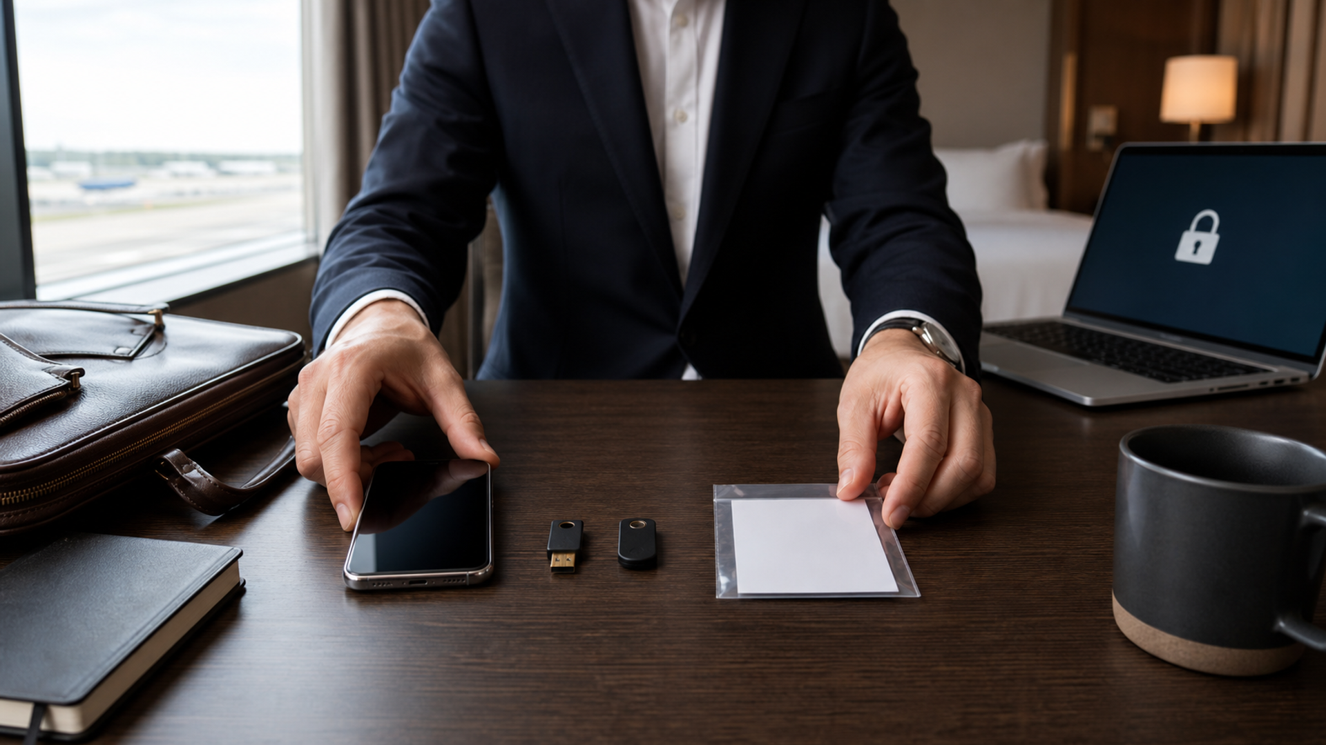 Executive arranging a phone, hardware security key and sealed recovery card before travel