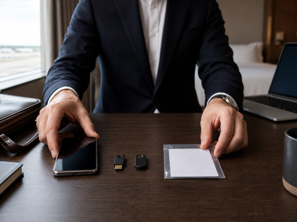 Executive arranging a phone, hardware security key and sealed recovery card before travel