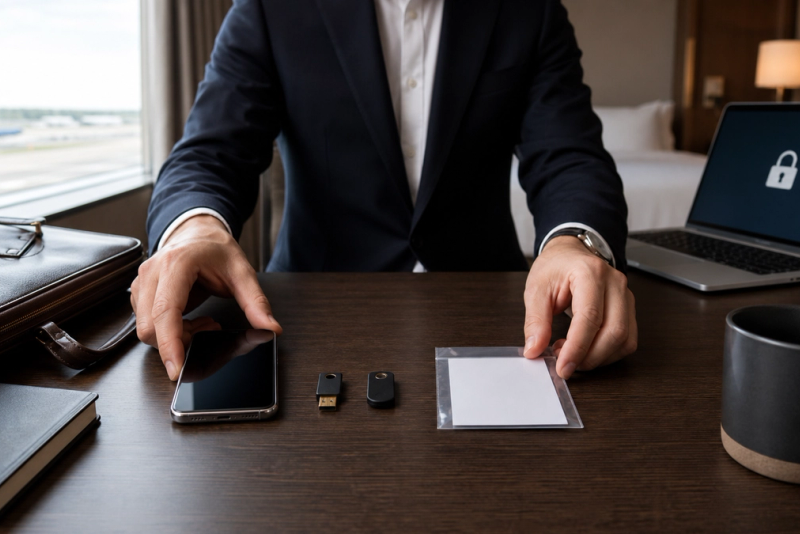 Executive arranging a phone, hardware security key and sealed recovery card before travel