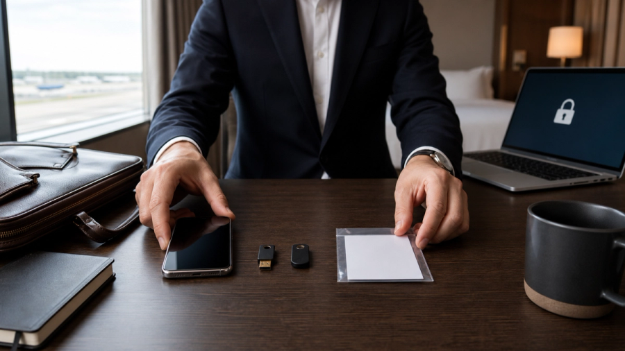 Executive arranging a phone, hardware security key and sealed recovery card before travel