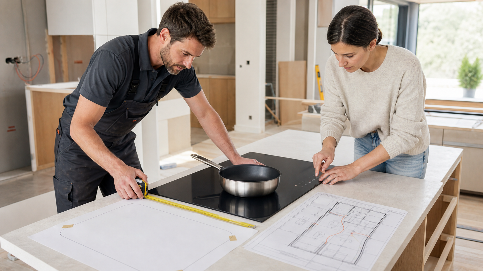 Installer and cook checking induction cookware, electrical plan and worktop cut-out