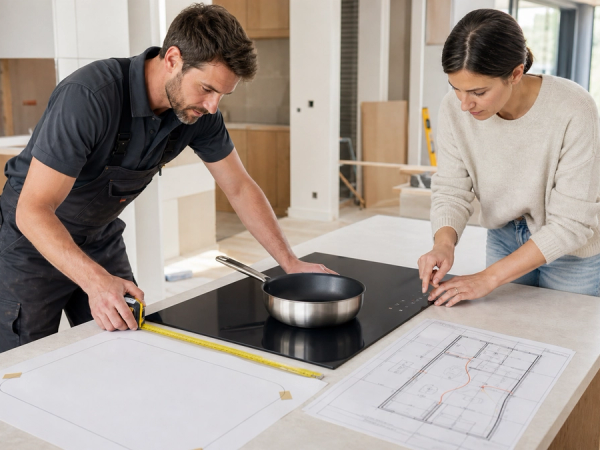 Installer and cook checking induction cookware, electrical plan and worktop cut-out