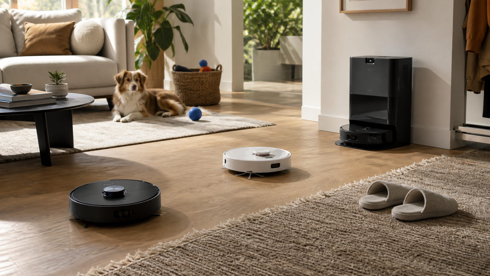 Robot vacuums navigating rugs and household obstacles beside a maintenance dock
