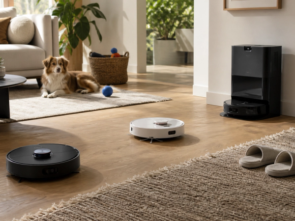 Robot vacuums navigating rugs and household obstacles beside a maintenance dock