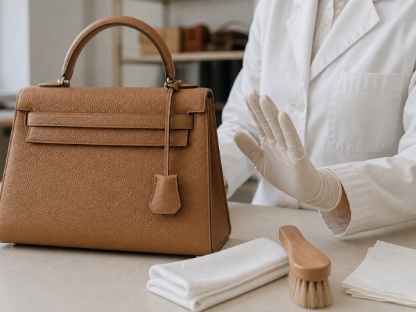 Luxury leather handbag prepared for conservative material-specific cleaning