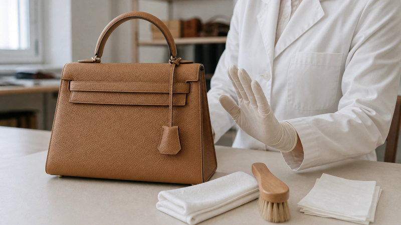 Luxury leather handbag prepared for conservative material-specific cleaning