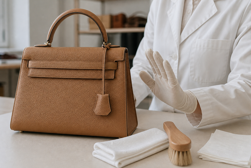 Luxury leather handbag prepared for conservative material-specific cleaning