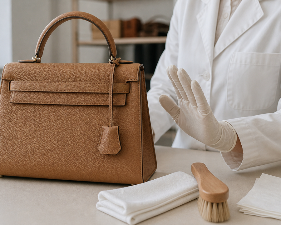 Luxury leather handbag prepared for conservative material-specific cleaning