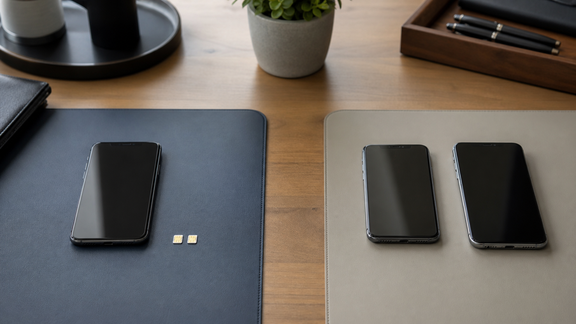 One premium phone with two SIM cards beside two separate unbranded phones and a paper boundary matrix, clean executive desk, no logos or readable text
