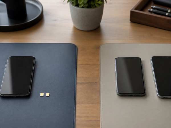 One premium phone with two SIM cards beside two separate unbranded phones and a paper boundary matrix, clean executive desk, no logos or readable text