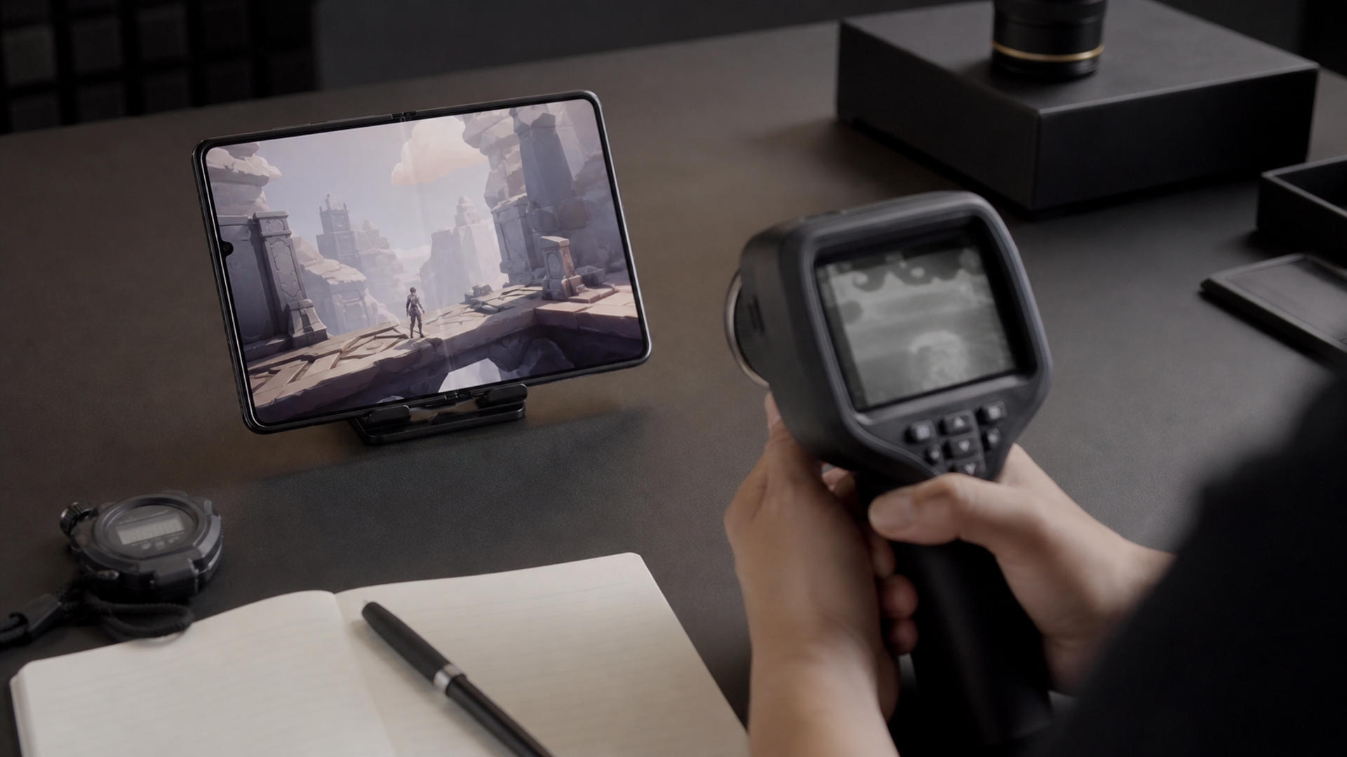 Unbranded foldable phone undergoing a controlled gaming performance test with a thermal camera.