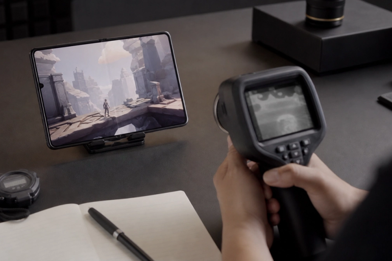 Unbranded foldable phone undergoing a controlled gaming performance test with a thermal camera.