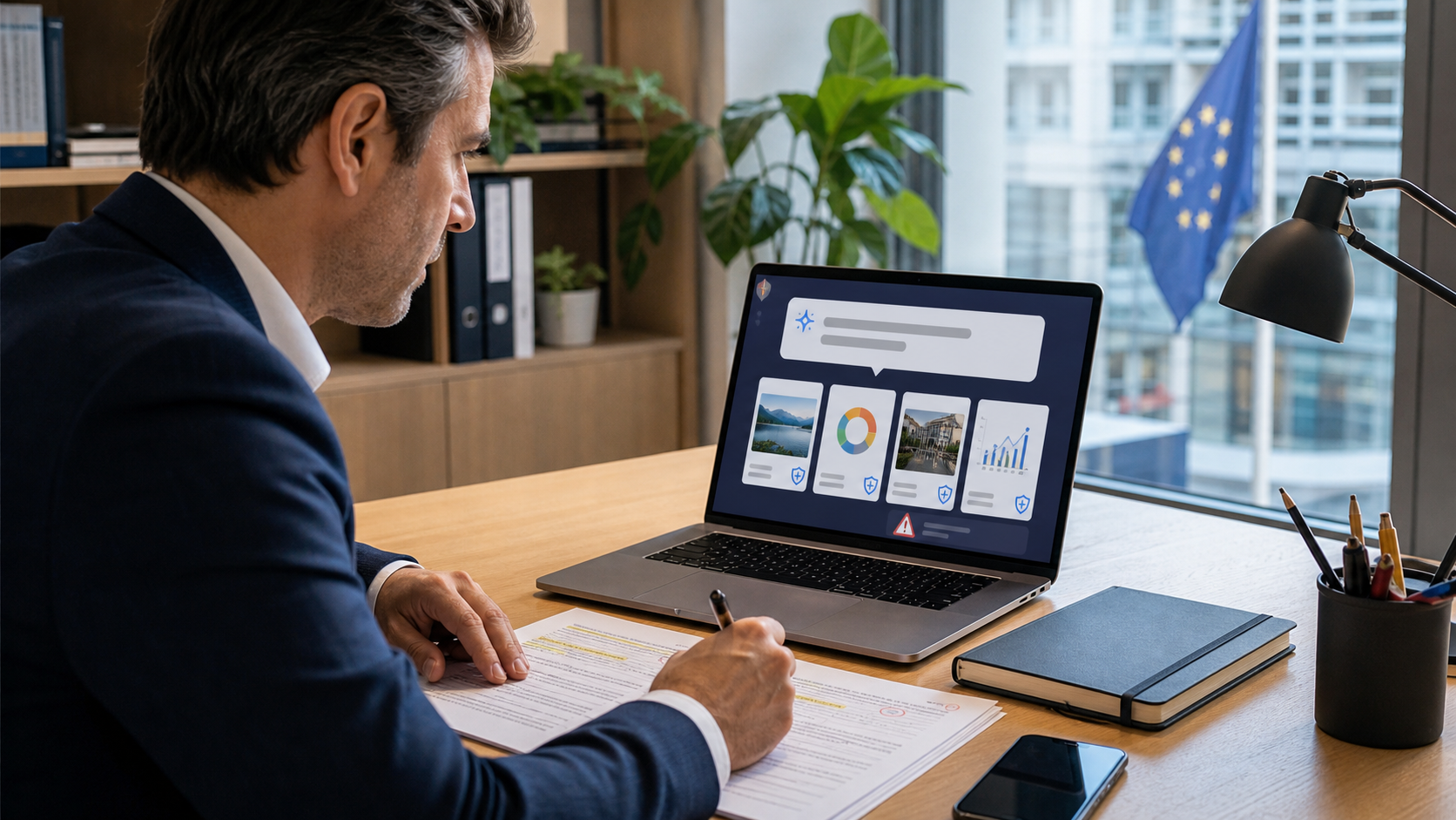 User reviewing AI disclosure and synthetic-content indicators on phone and laptop