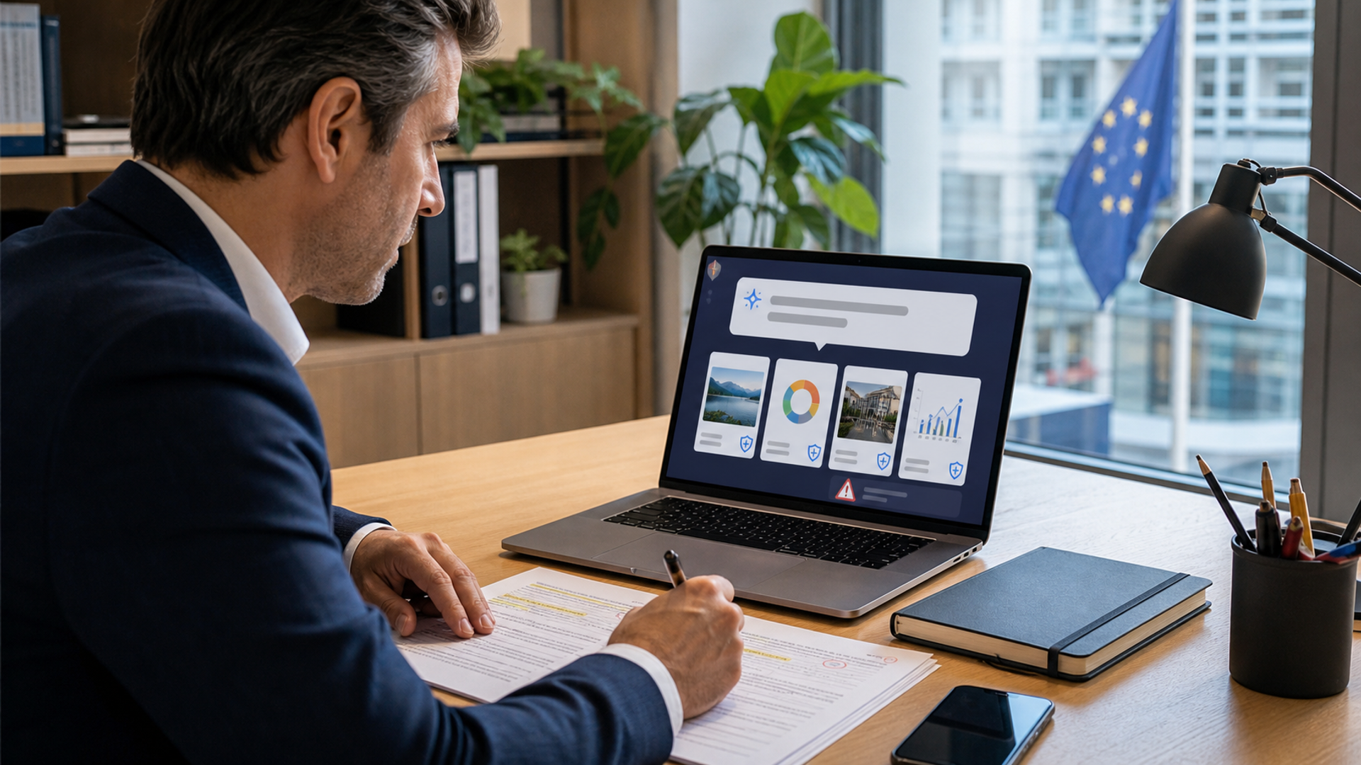 User reviewing AI disclosure and synthetic-content indicators on phone and laptop