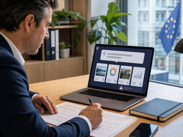 User reviewing AI disclosure and synthetic-content indicators on phone and laptop