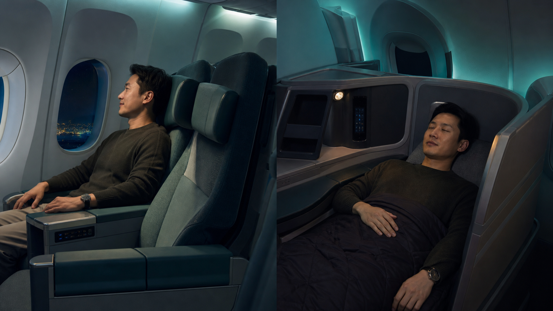 Taipei-bound premium-economy recliner and Royal Laurel-style lie-flat pod shown side by side