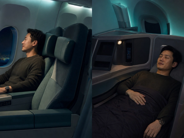 Taipei-bound premium-economy recliner and Royal Laurel-style lie-flat pod shown side by side