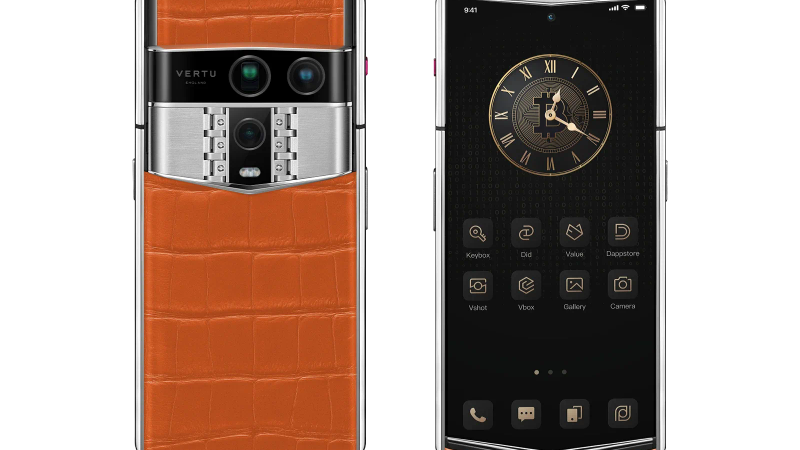 A luxury VERTU product showcasing premium gold and leather materials.