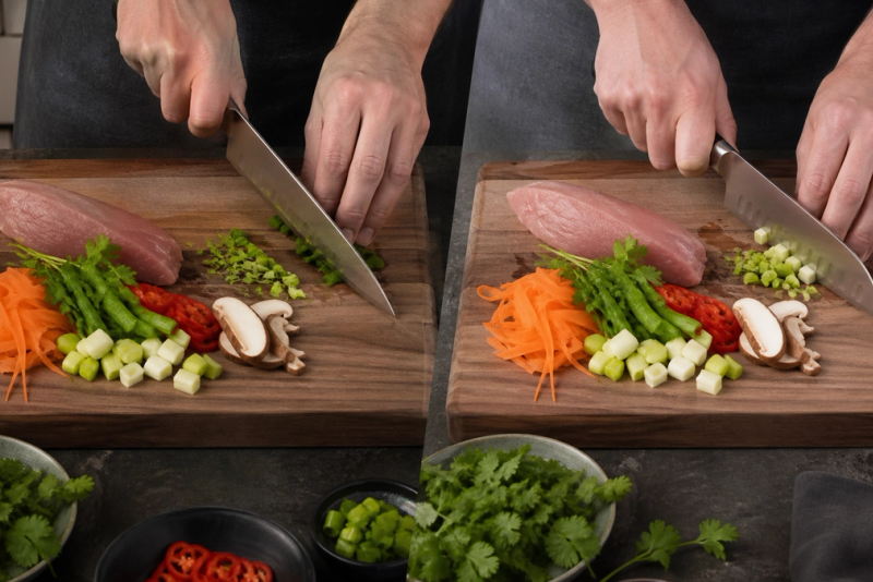 Chef's Knife vs Santoku shown in a practical side-by-side comparison