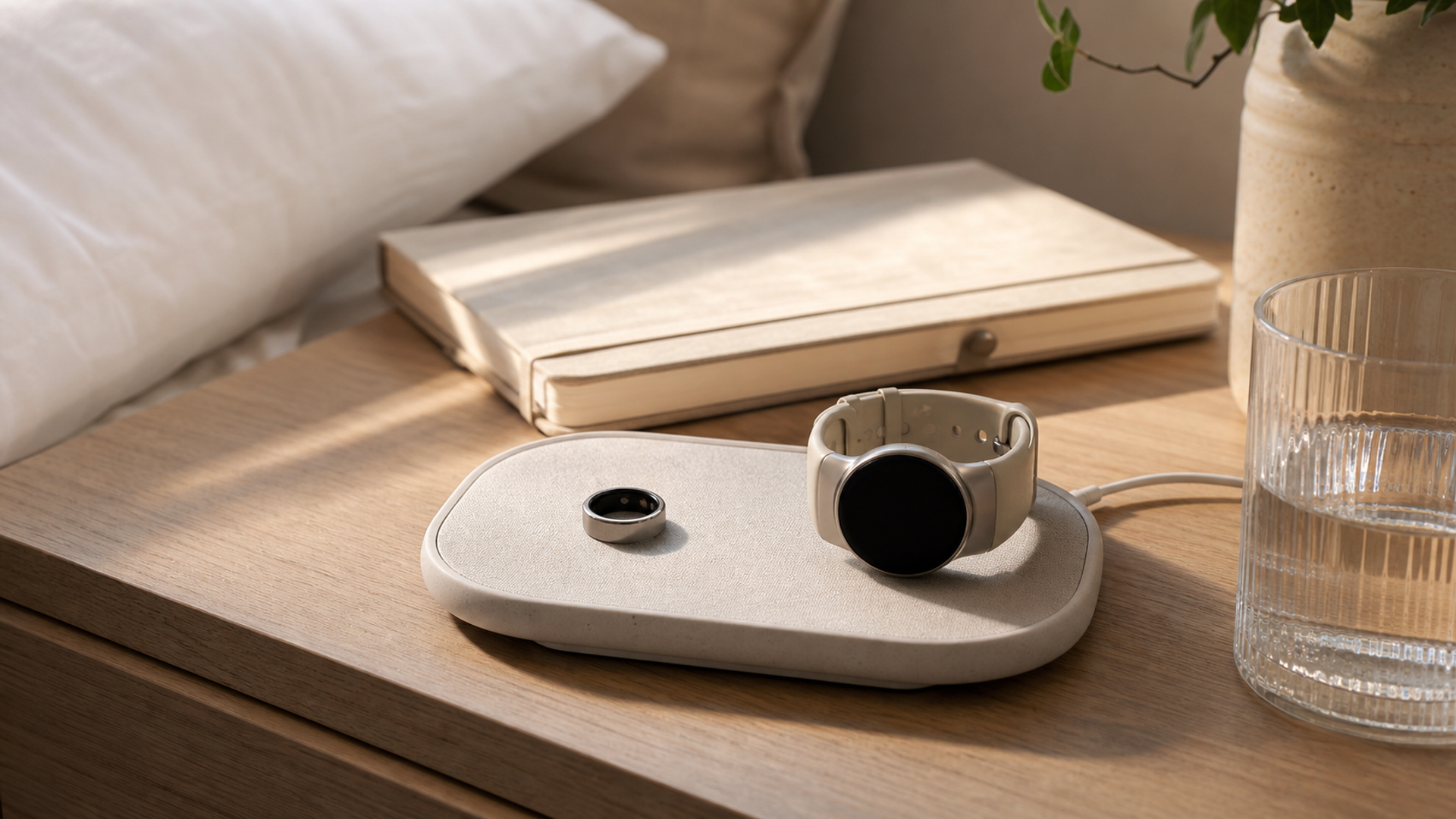 A smart ring and understated smartwatch beside a bedside charging tray and sleep journal in soft morning light