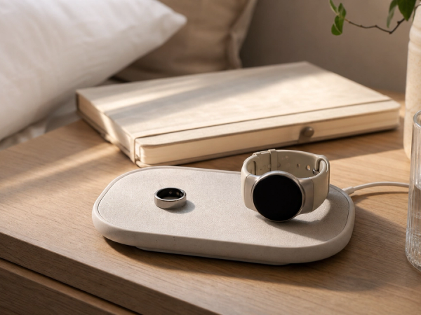 A smart ring and understated smartwatch beside a bedside charging tray and sleep journal in soft morning light