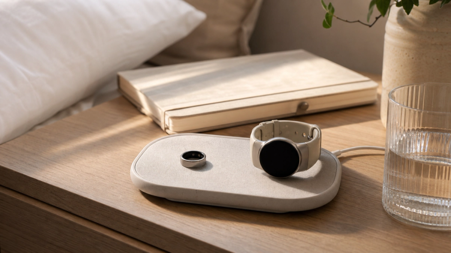 A smart ring and understated smartwatch beside a bedside charging tray and sleep journal in soft morning light