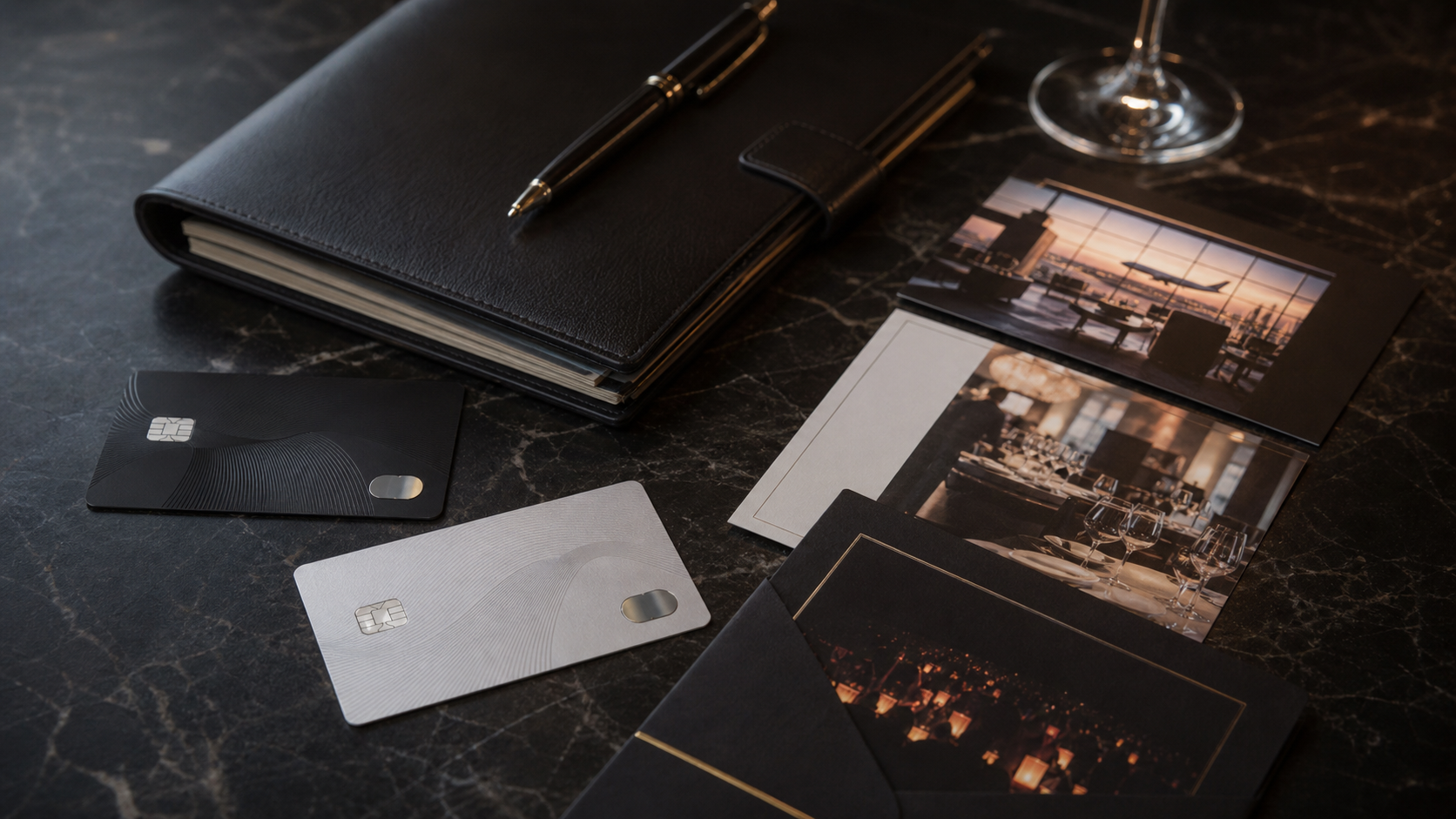 Two distinct unbranded premium payment cards beside a private itinerary folio, airport lounge and curated event invitation