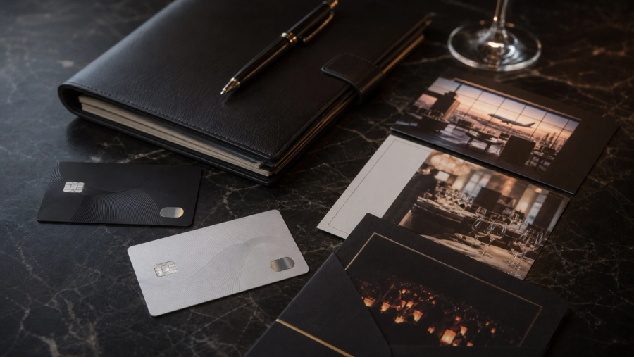 Two distinct unbranded premium payment cards beside a private itinerary folio, airport lounge and curated event invitation