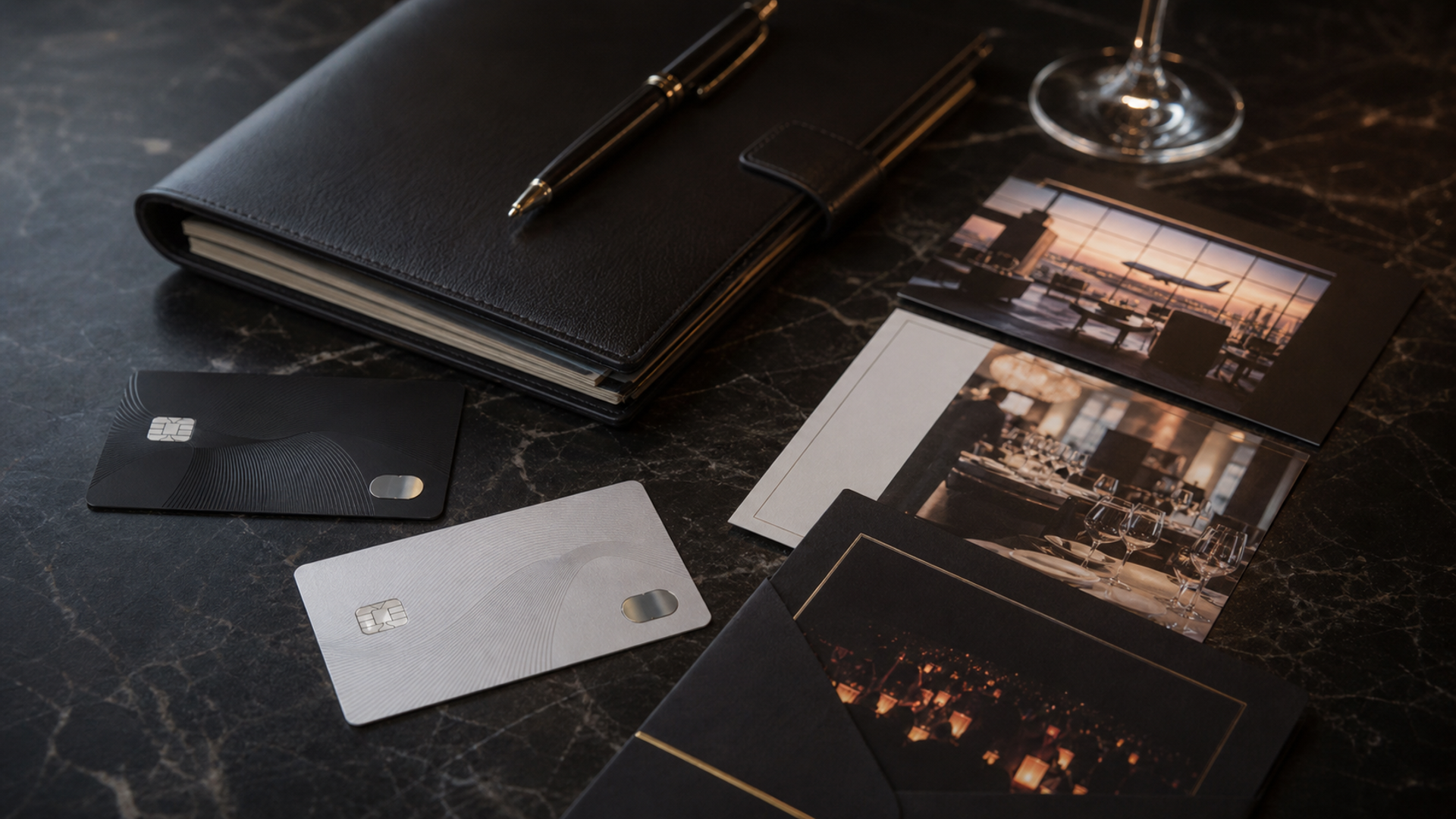 Two distinct unbranded premium payment cards beside a private itinerary folio, airport lounge and curated event invitation