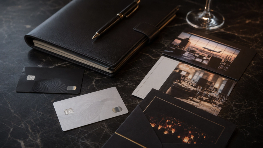 Two distinct unbranded premium payment cards beside a private itinerary folio, airport lounge and curated event invitation
