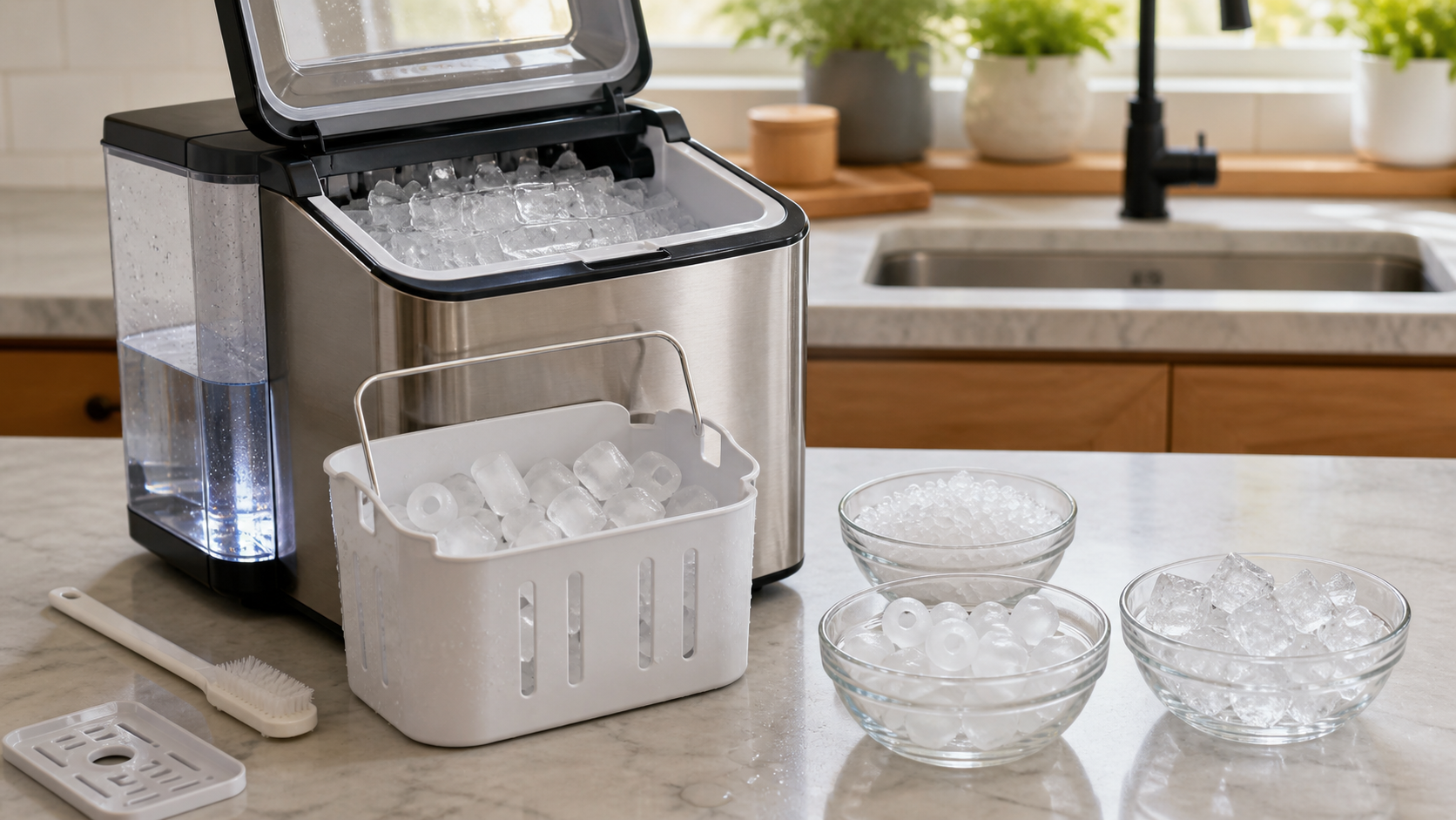 Countertop ice maker with bullet, nugget and clear ice for comparison