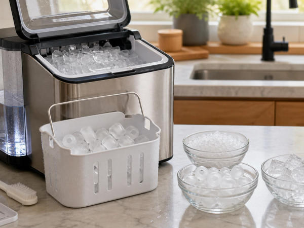Countertop ice maker with bullet, nugget and clear ice for comparison